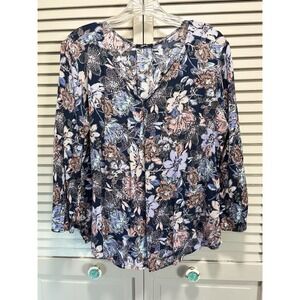 Mark Blouse Size L (12-14) Blue/Pink Floral 3/4‎ Bell Sleeve Round Split Neck